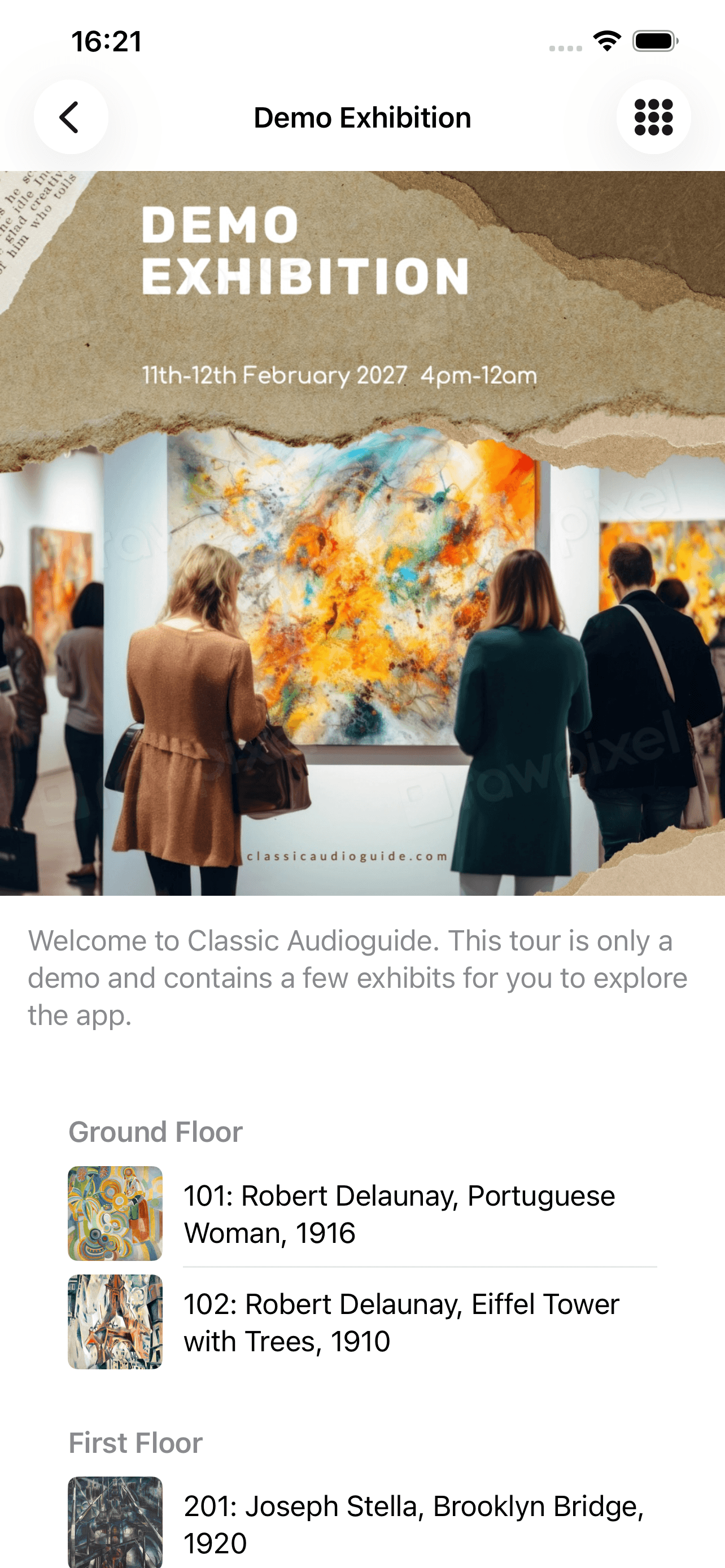Classic Audioguide gallery showing an exhibition and its audio tracks