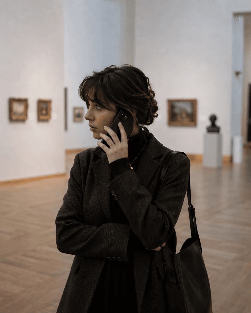 Visitor listening to an audioguide in a museum gallery